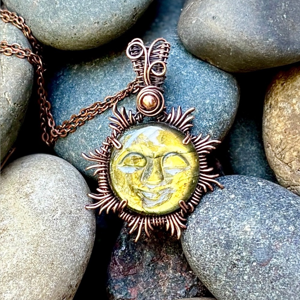 HAND CRAFTED Carved Labradorite Wire Wrapped Copper Sun Pendant Necklace